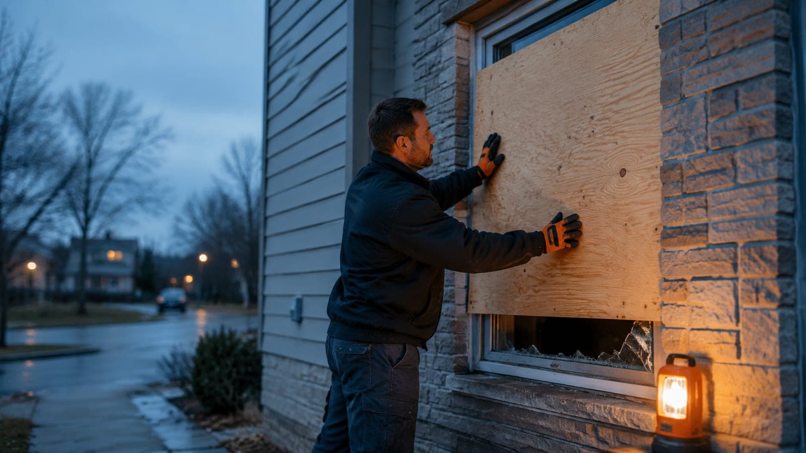 Technician boarding up a broken window after a break-in at dusk