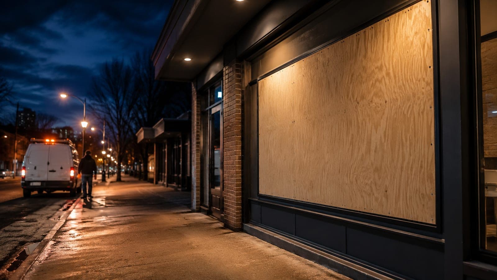 Storefront display window secured with a clean board-up at night after a break-in