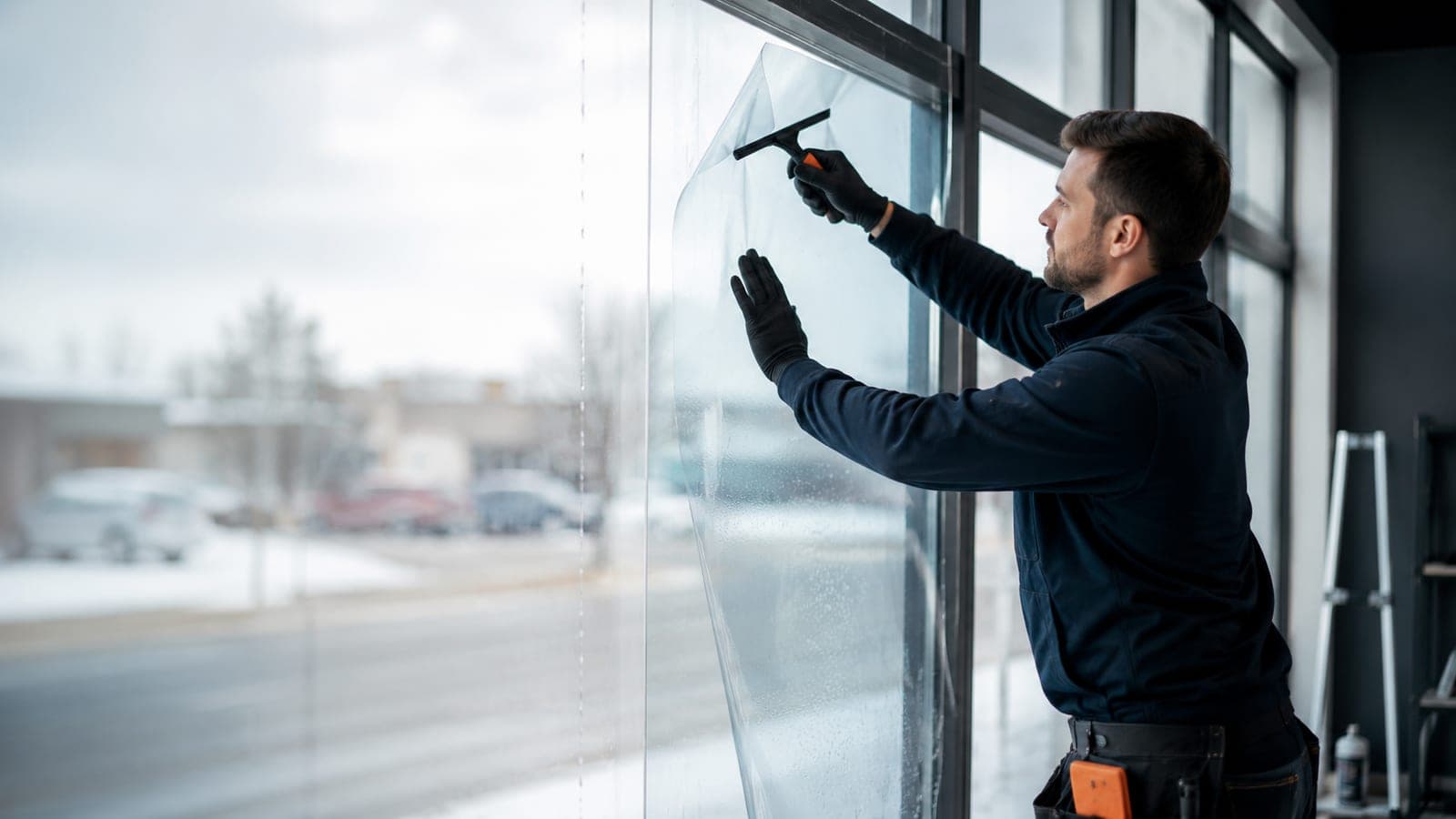 Technician applying clear security window film to a storefront pane with a squeegee