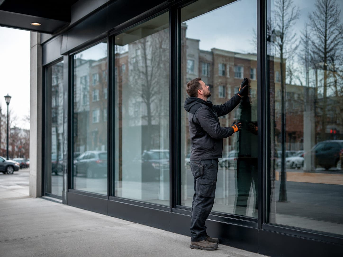 Glazier inspecting a freshly fitted plate-glass storefront window in daylight