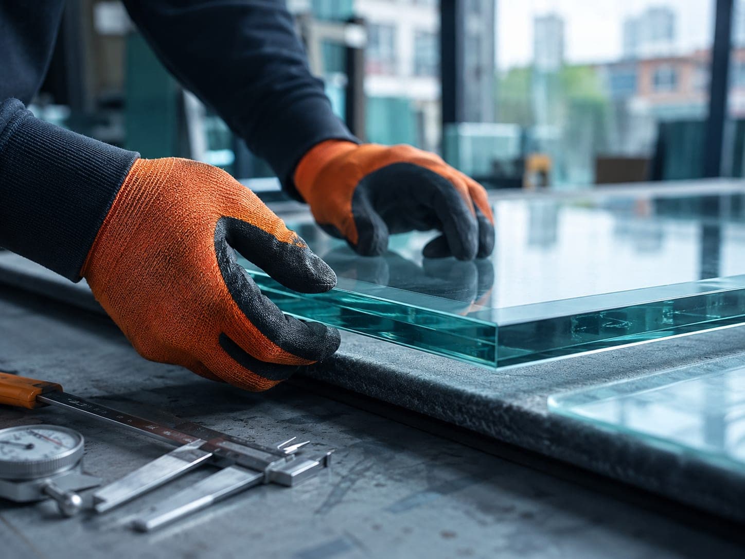 A technician inspecting the ground edge of a thick tempered glass panel on a workbench