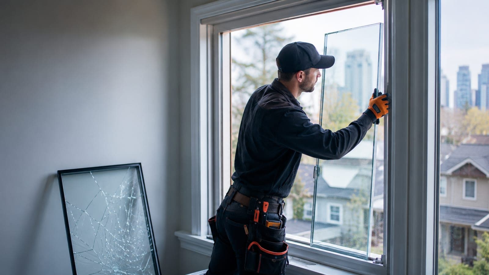 Glazier fitting a new pane into a residential window frame