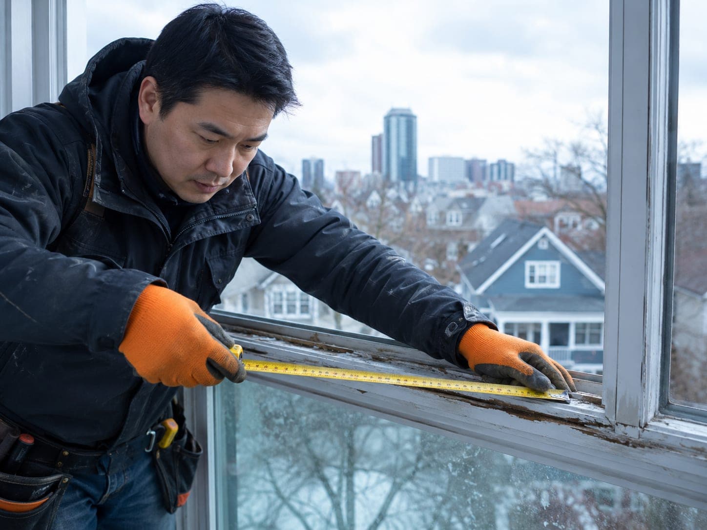 Technician measuring a broken window frame before cutting replacement glass
