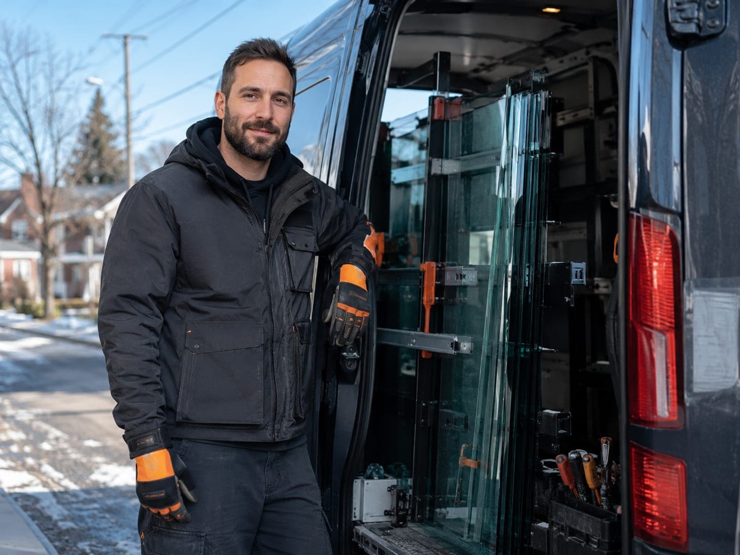 Glazier standing beside a service van stocked with glass and tools on a GTA street