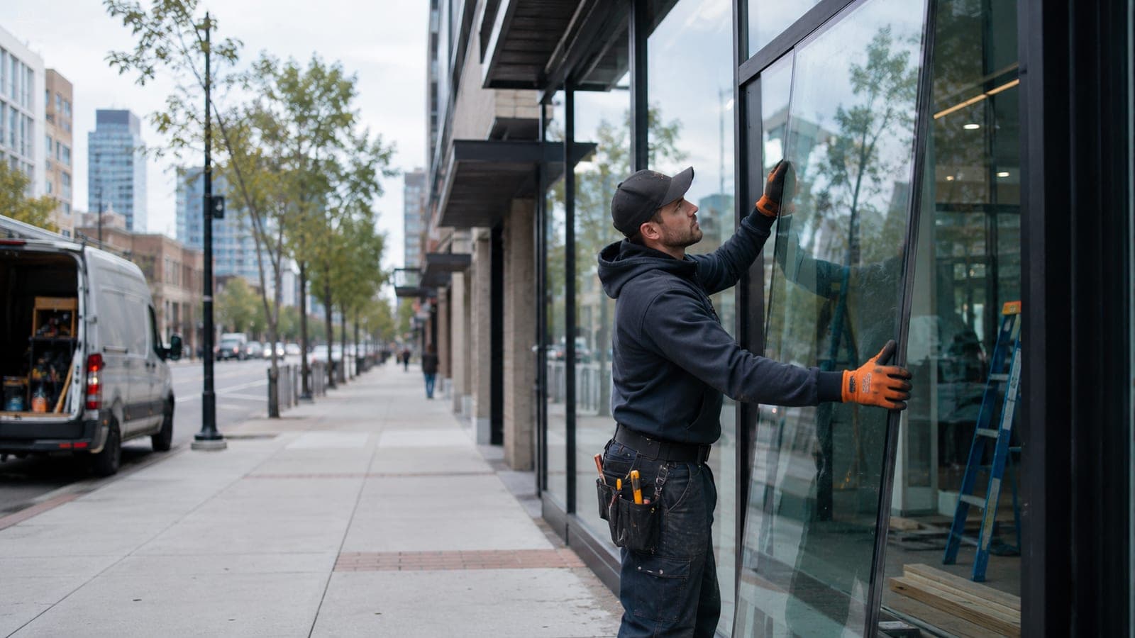 Glazier fitting a large plate-glass panel into a downtown storefront, service van at the curb