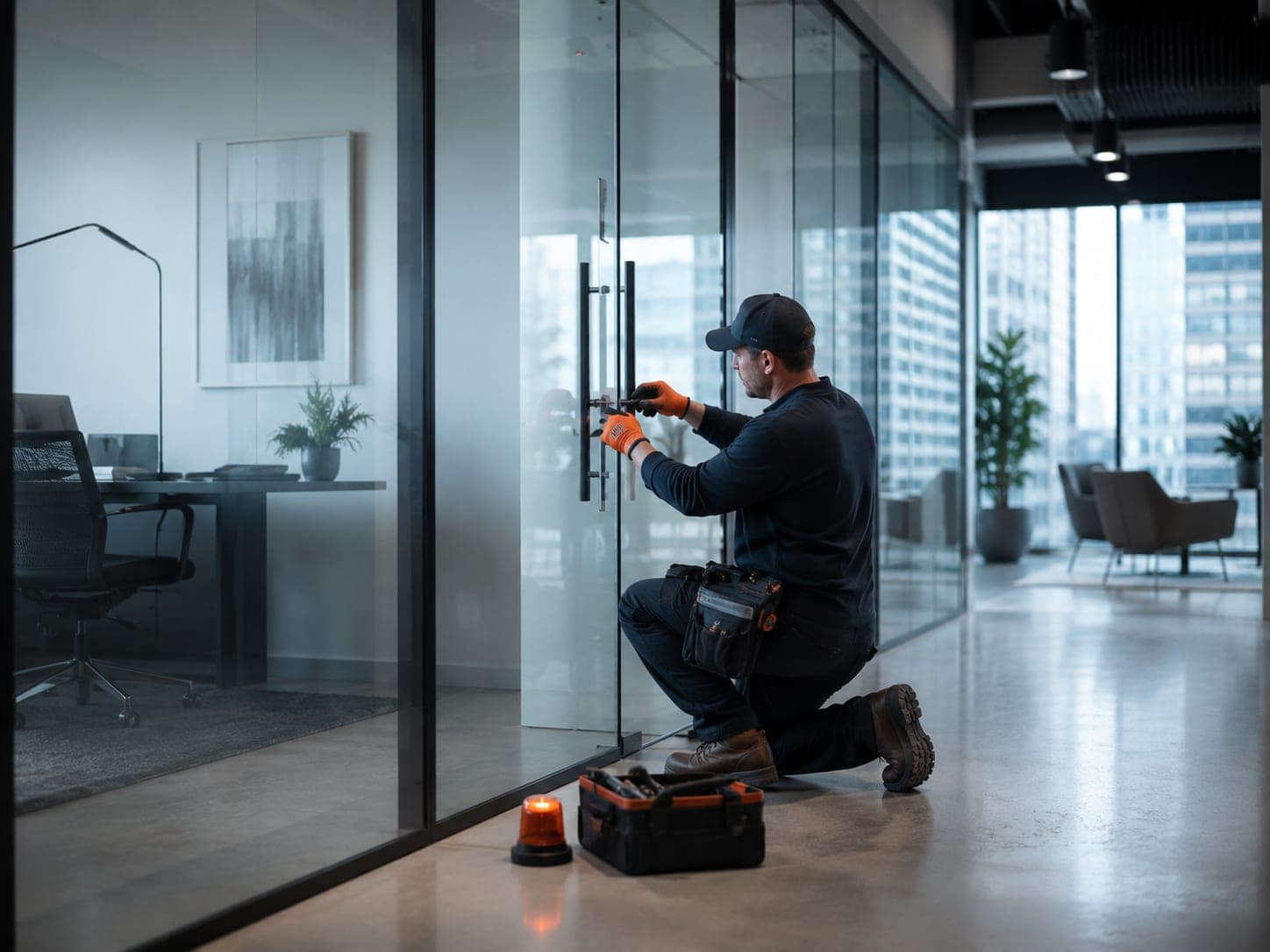 Technician working on a glass partition door in a modern office with city views