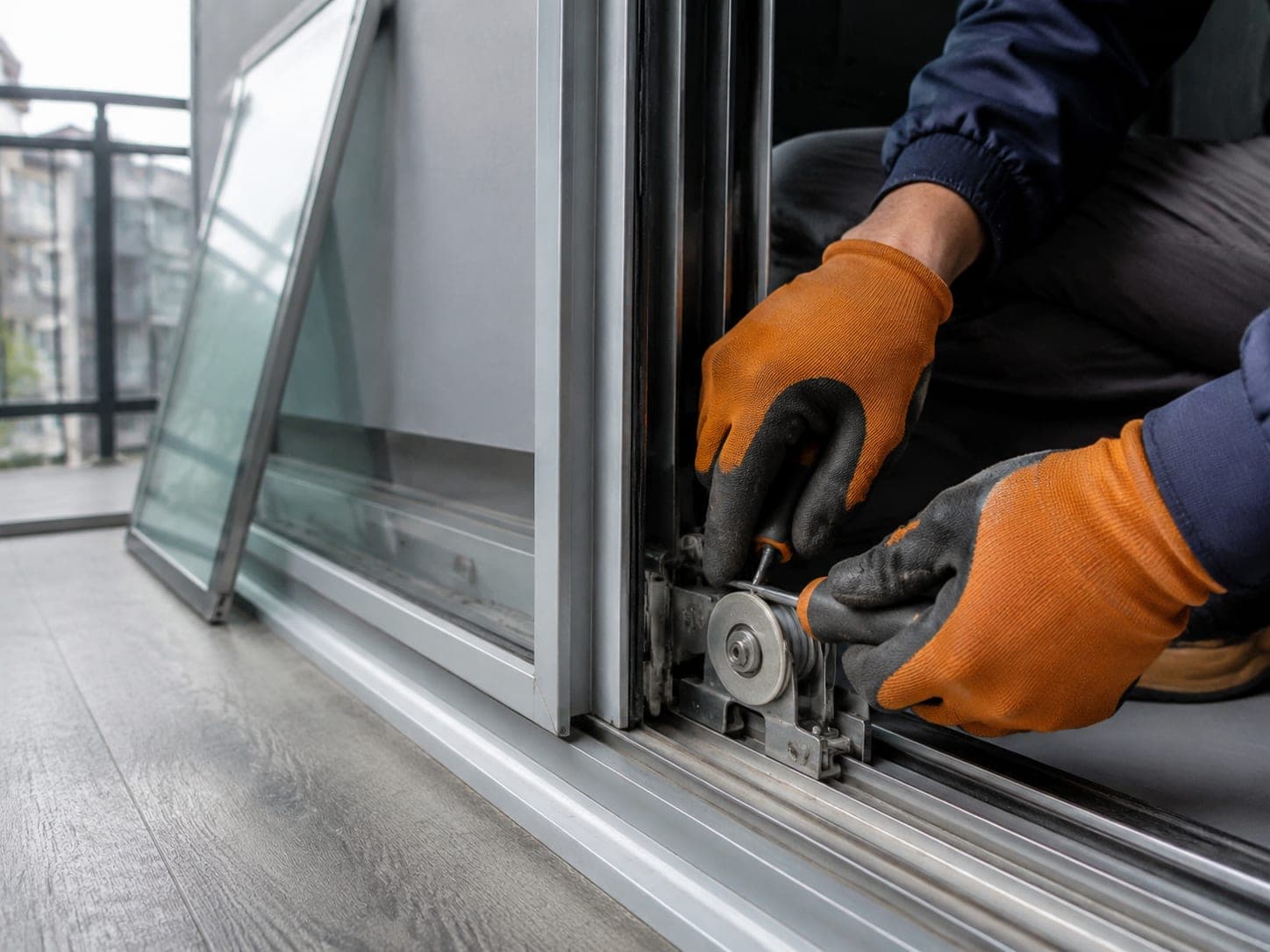 Technician adjusting the roller and track of a sliding glass door, the pane removed