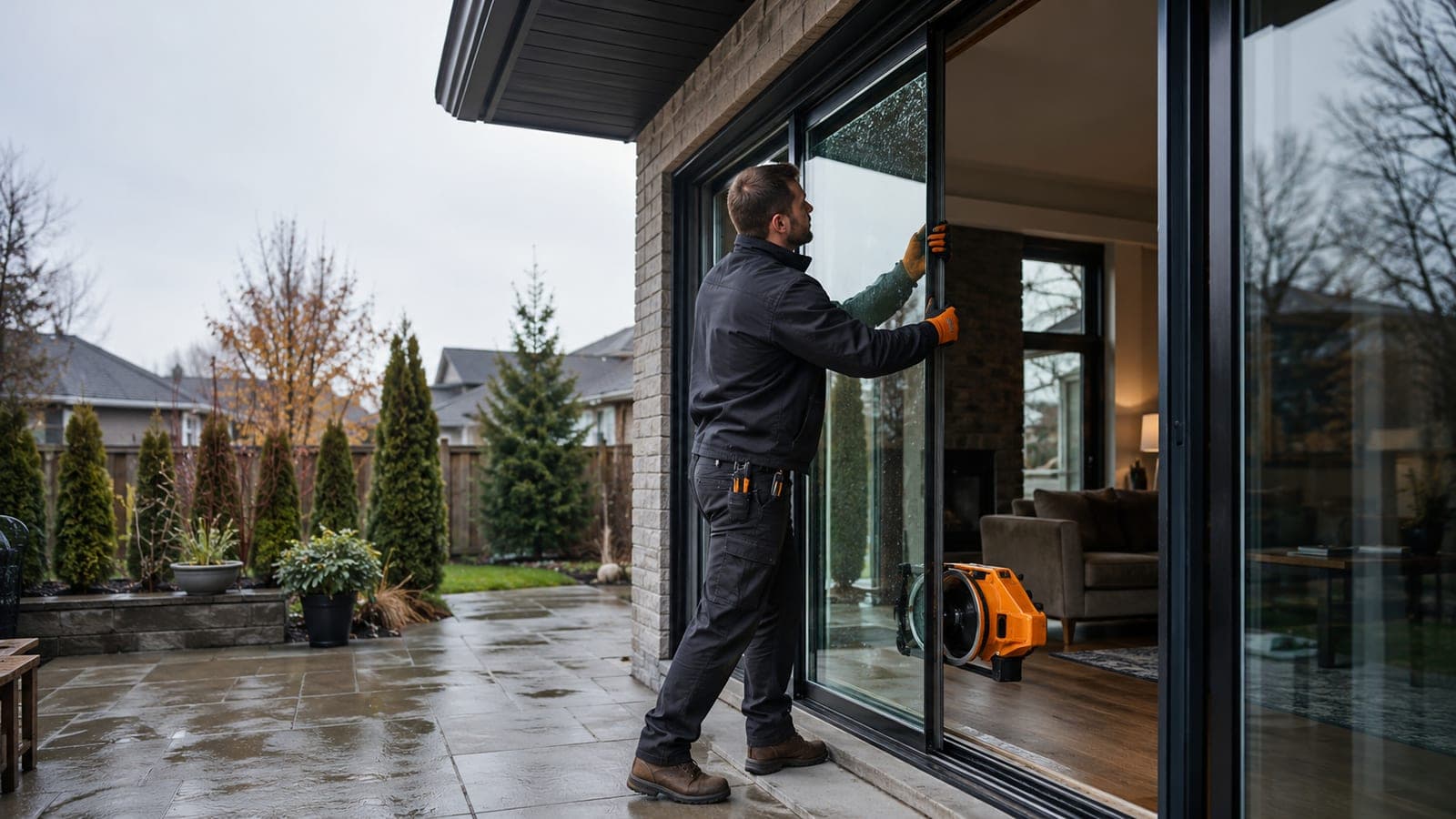 Technician replacing the glass in a sliding patio door at a home