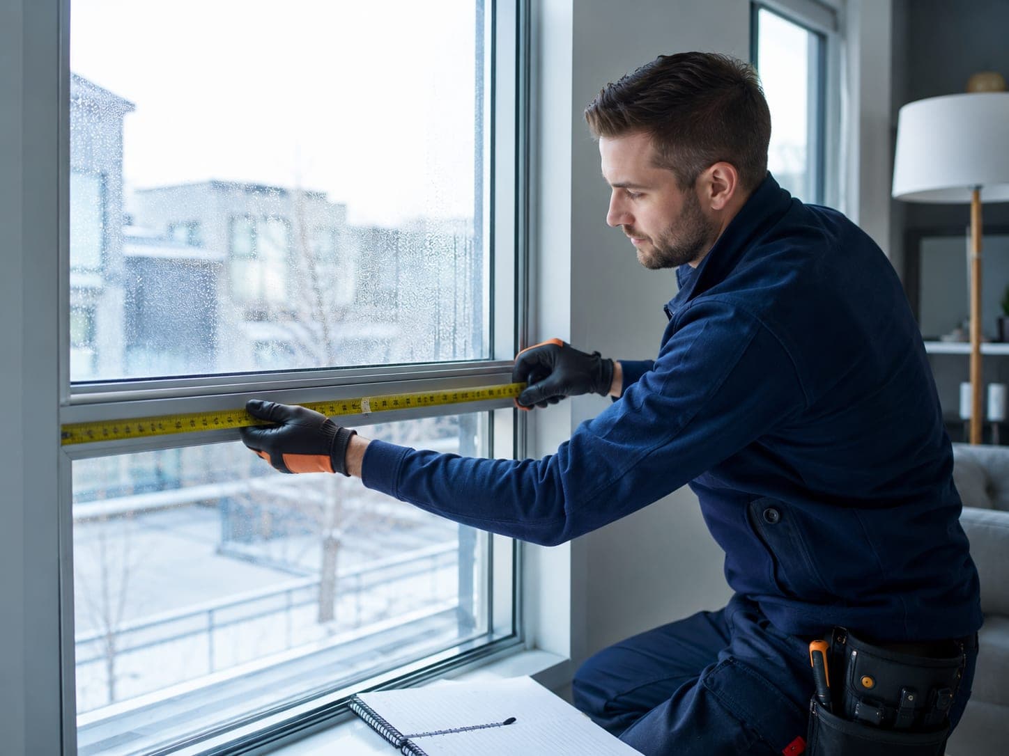 A technician measuring a misted window in a bright living room, unhurried planned work