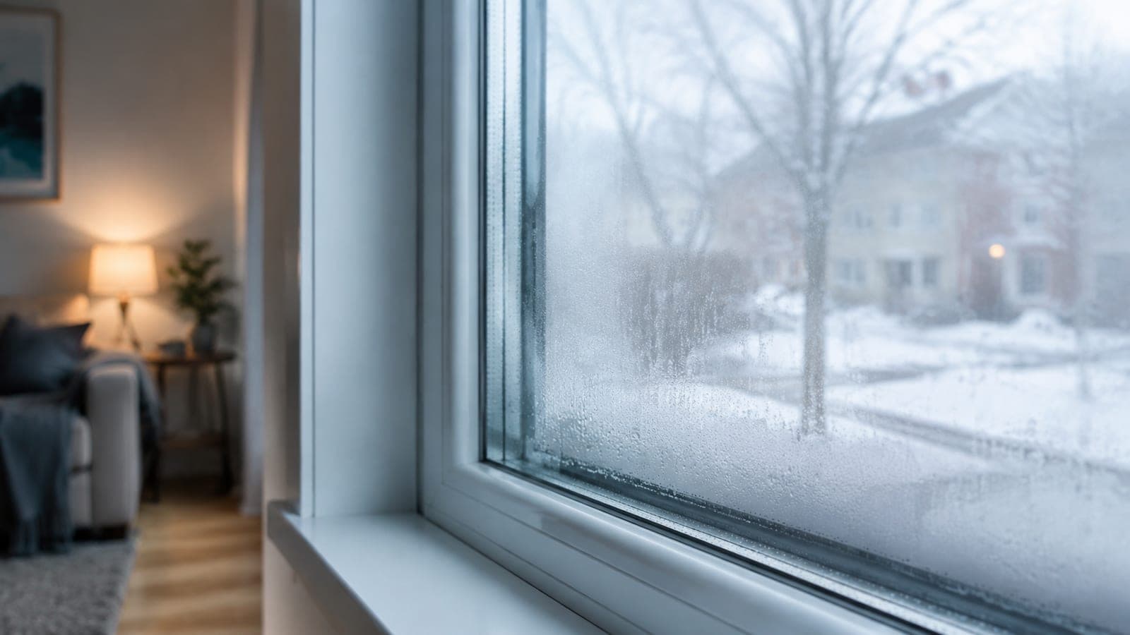 A misted, foggy double-glazed window with condensation between the panes