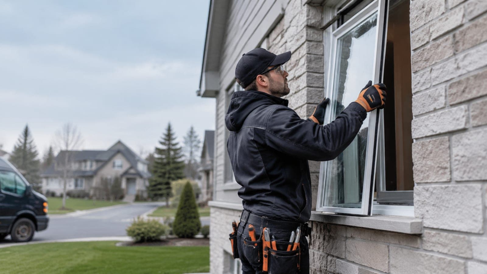 Glazier replacing a broken window at a suburban family home