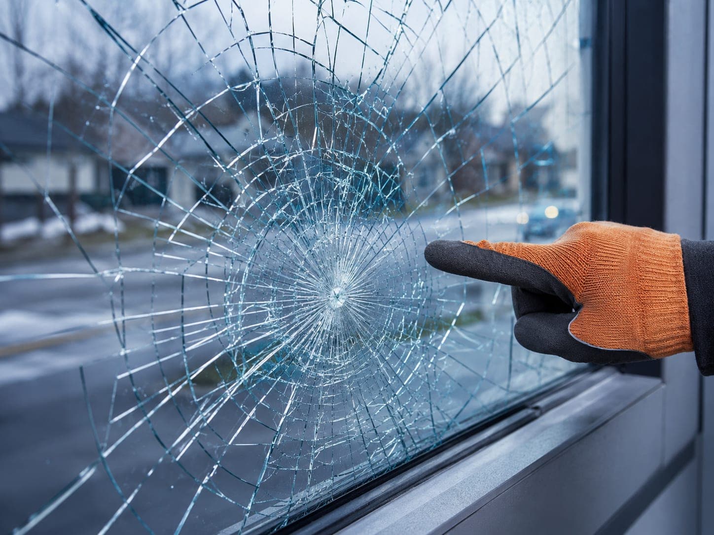 Close-up of shattered glass held together in one sheet by clear security film
